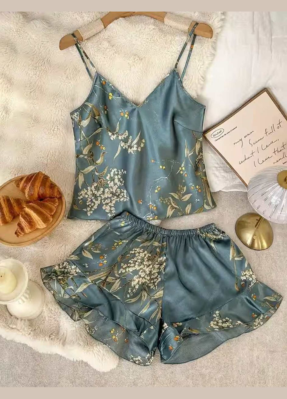 Зеленая атласная пижама с шортиками (пиж-шор-сак-зел) Vakko