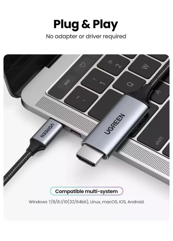 Кабель USB Type-C to HDMI 4K MM142 1м Перехідник Ultra HD (4K@60Hz; 1080P@144Hz) Aluminium Black (25155) Ugreen (341325803)
