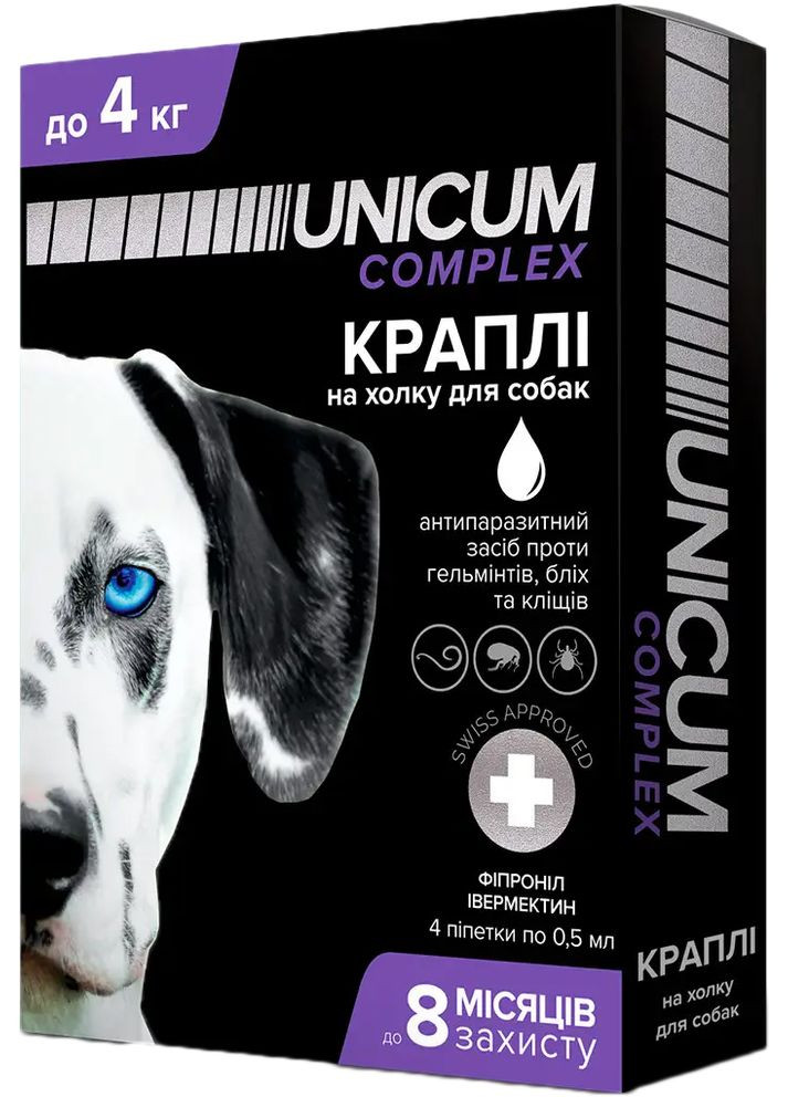 Капли Premium от блох, клещей и гельминтов на холке для собак до 4 кг 4 шт (4820150202507) Unicum (279564275)