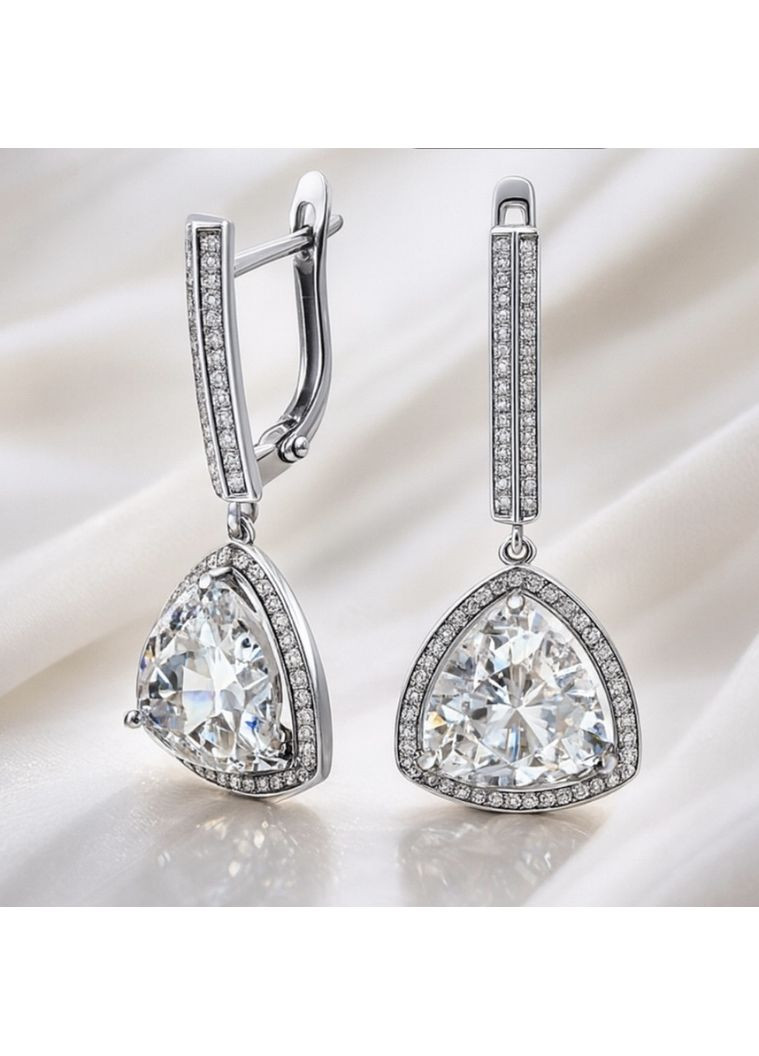 Срібні сережки із підвіскою Пірамідка з Білим камінням срібло 925 проби родоване 1268 5.76г No Brand (306741577)