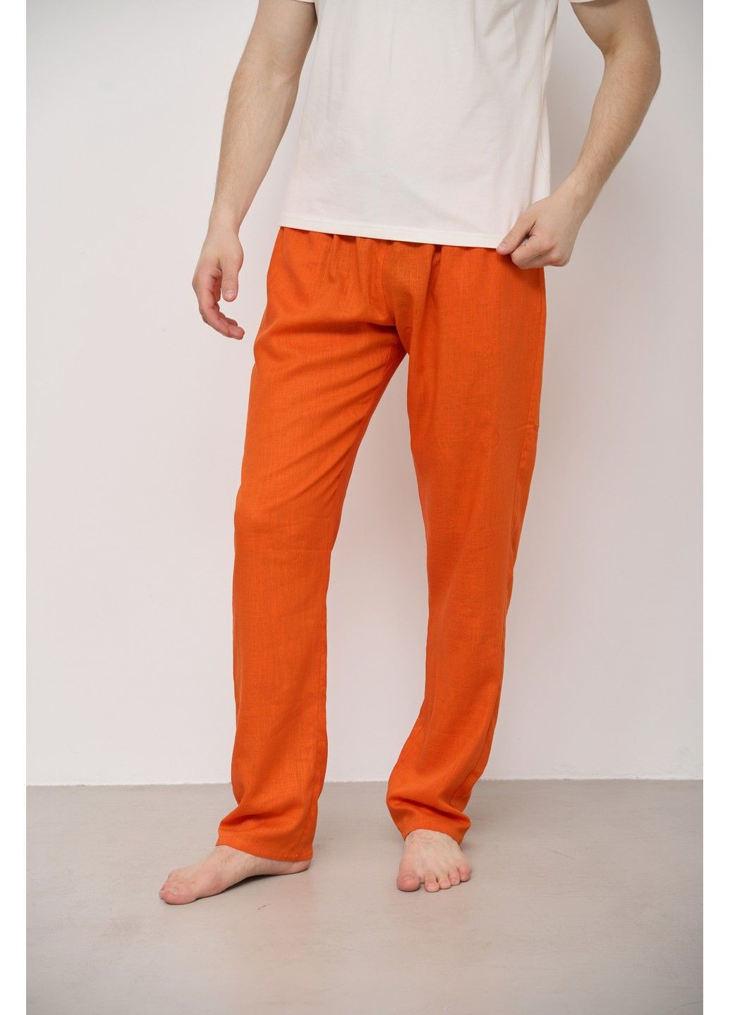 Пижама мужская футболка молочная + штаны лен оранжевые Handy Wear (280931904)