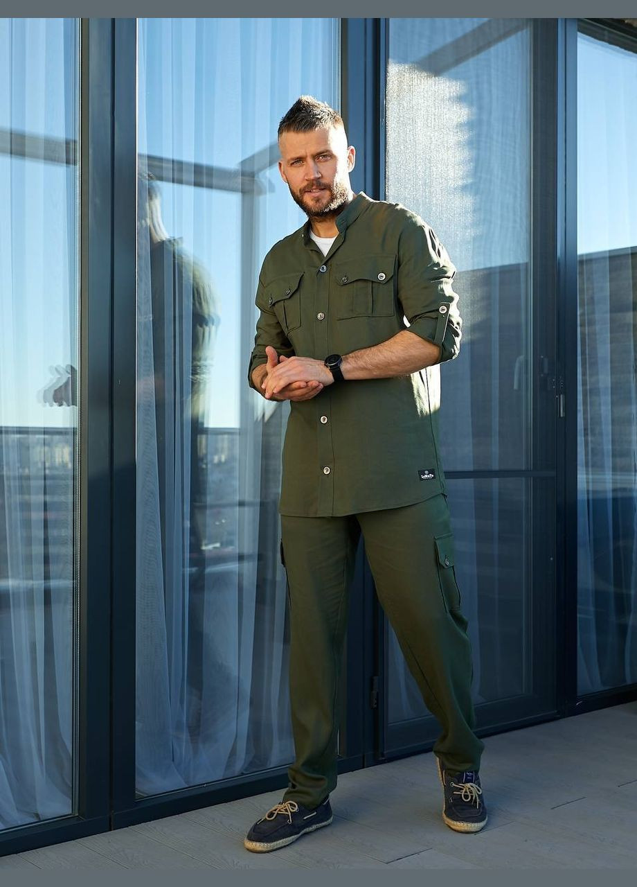 Оливковый (хаки) шикарный льняной костюм Fashion