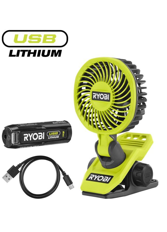 Вентилятор аккумуляторный клипса USB Lithium RCF4-120G 4В акб 1х2А·час 3800об·мин вращение 325° поворот 180° 2 скорости 0.29кг Ryobi (342397734)
