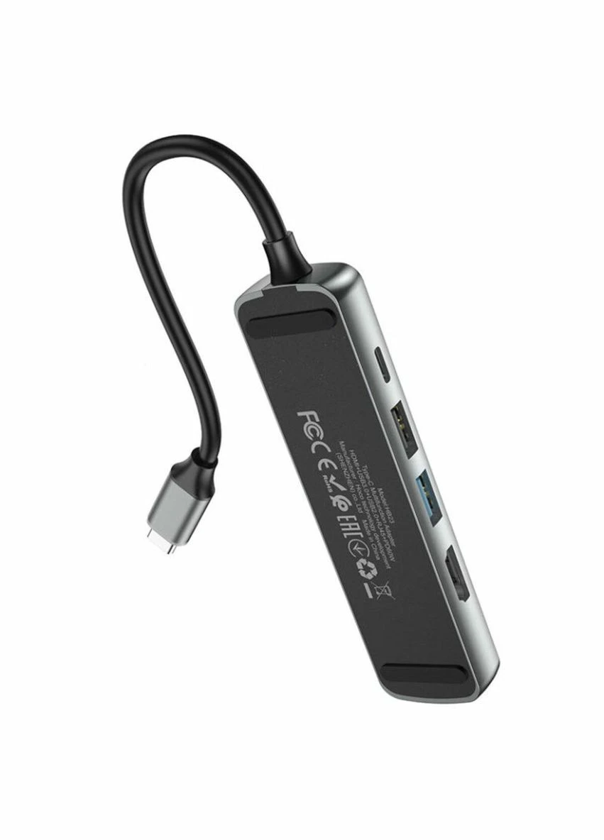 Кабельпереходник HB23 Easy view Type-C Multifunction Adapter (HDTV+USB3.0+USB2.0+RJ45+PD) Metal Gray Hoco (301090412)