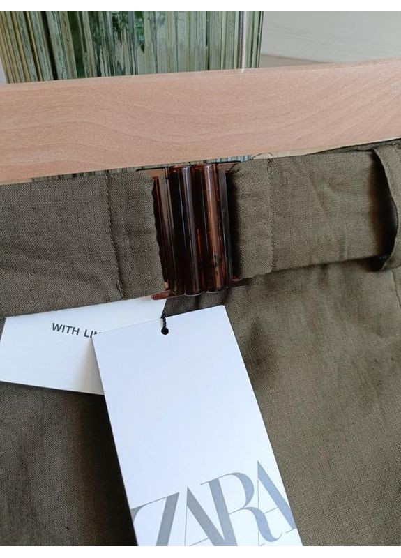 Оливковая (хаки) юбка-шорты с высокой посадкой, из смеси льна. Zara