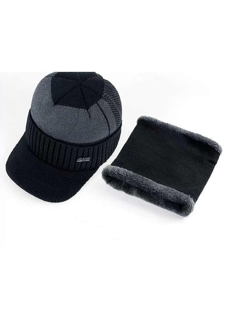 Набір чоловіча шапка з козирком і шарф снуд зимові чорний з сірим (748) No Brand (363869599)