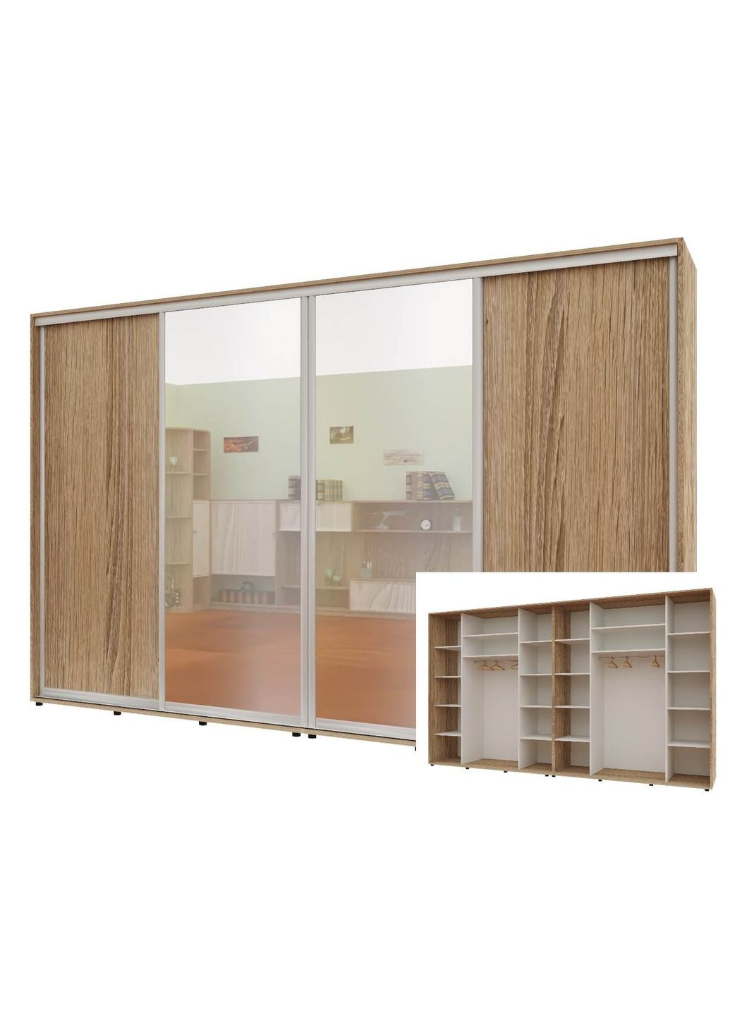 Шкаф-купе четырехдверный Комфорт Мебель 320*60*220 см Натуральный ДСП + Зеркало + Зеркало + ДСП Макси Комфорт Меблі (360433922)