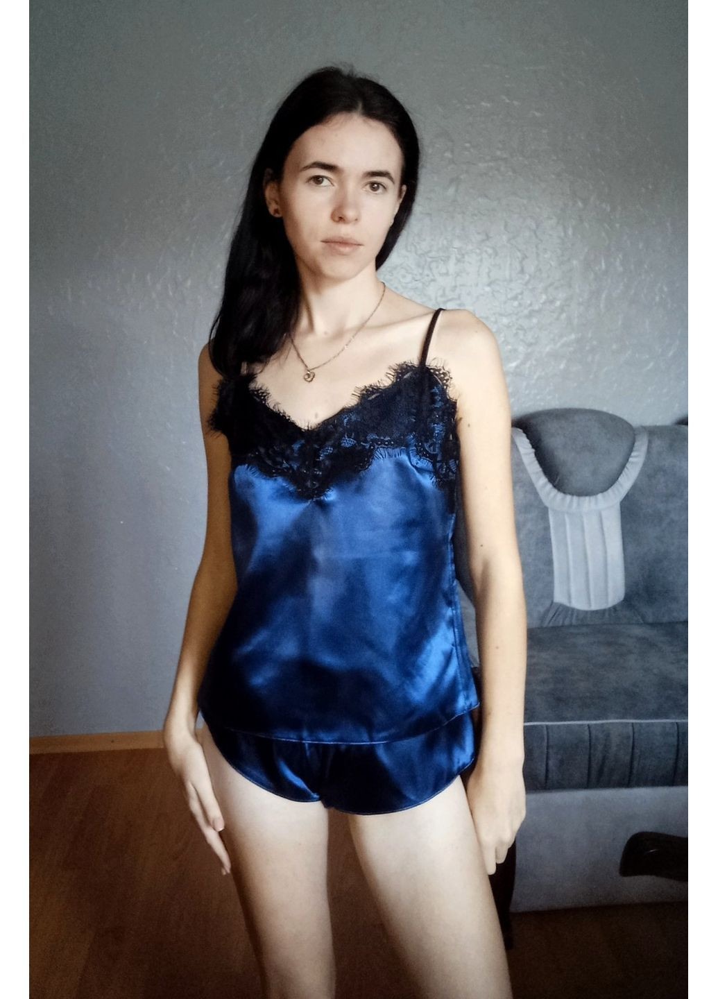 Темно-синяя всесезон пижама женская атласная майка + шорты No Brand