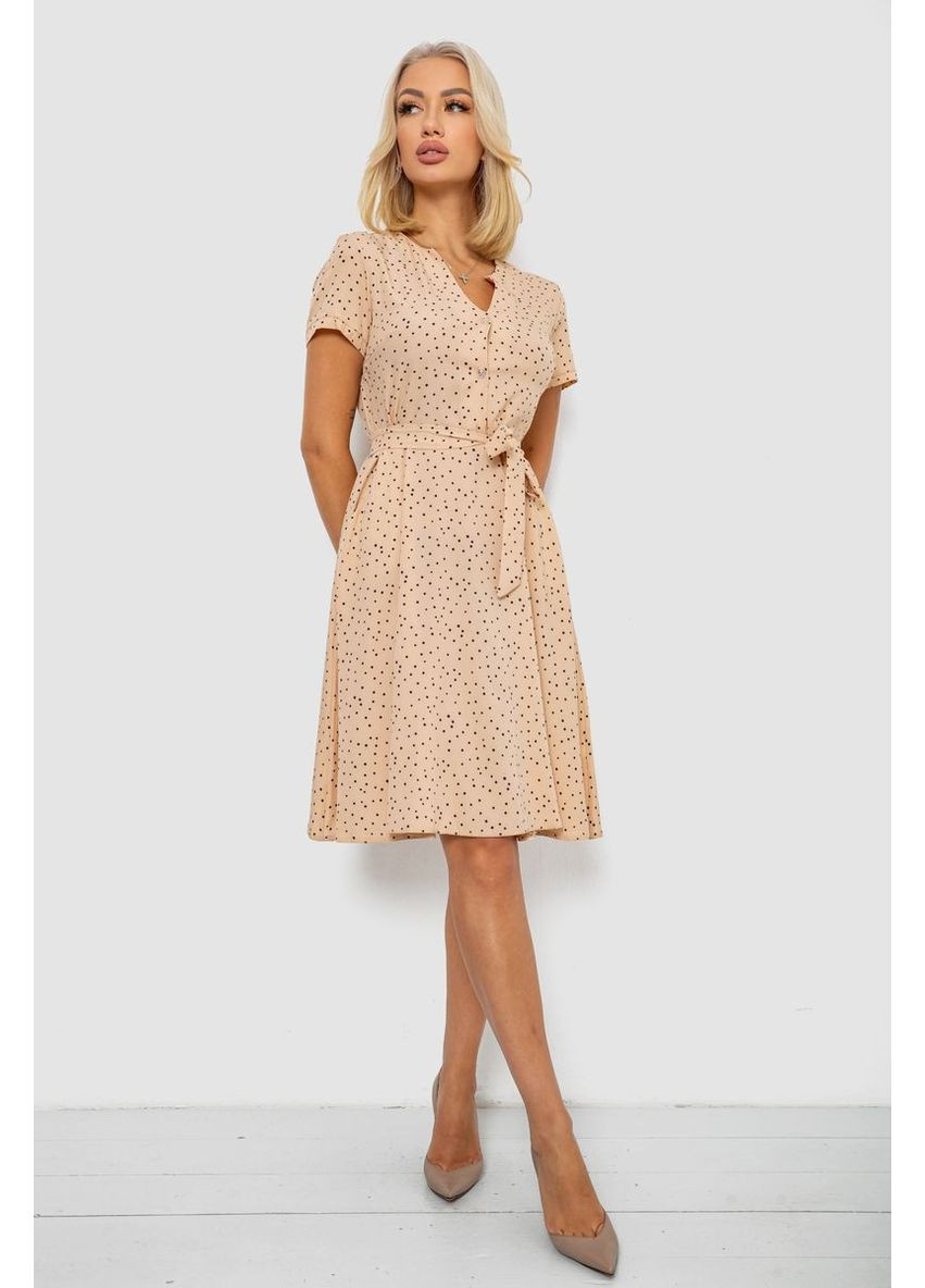 Бежевое платье софт с принтом в горох, 230r0032-3 Ager