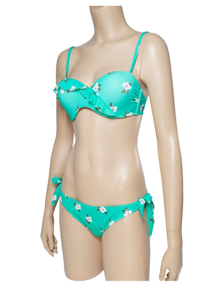 Зелений літній роздільний купальник бандо з пуш ап і рюшів квітковий принт, колір м'ятний модель 0114 арт.1069 роздільний, бікіні, бандо FUBA