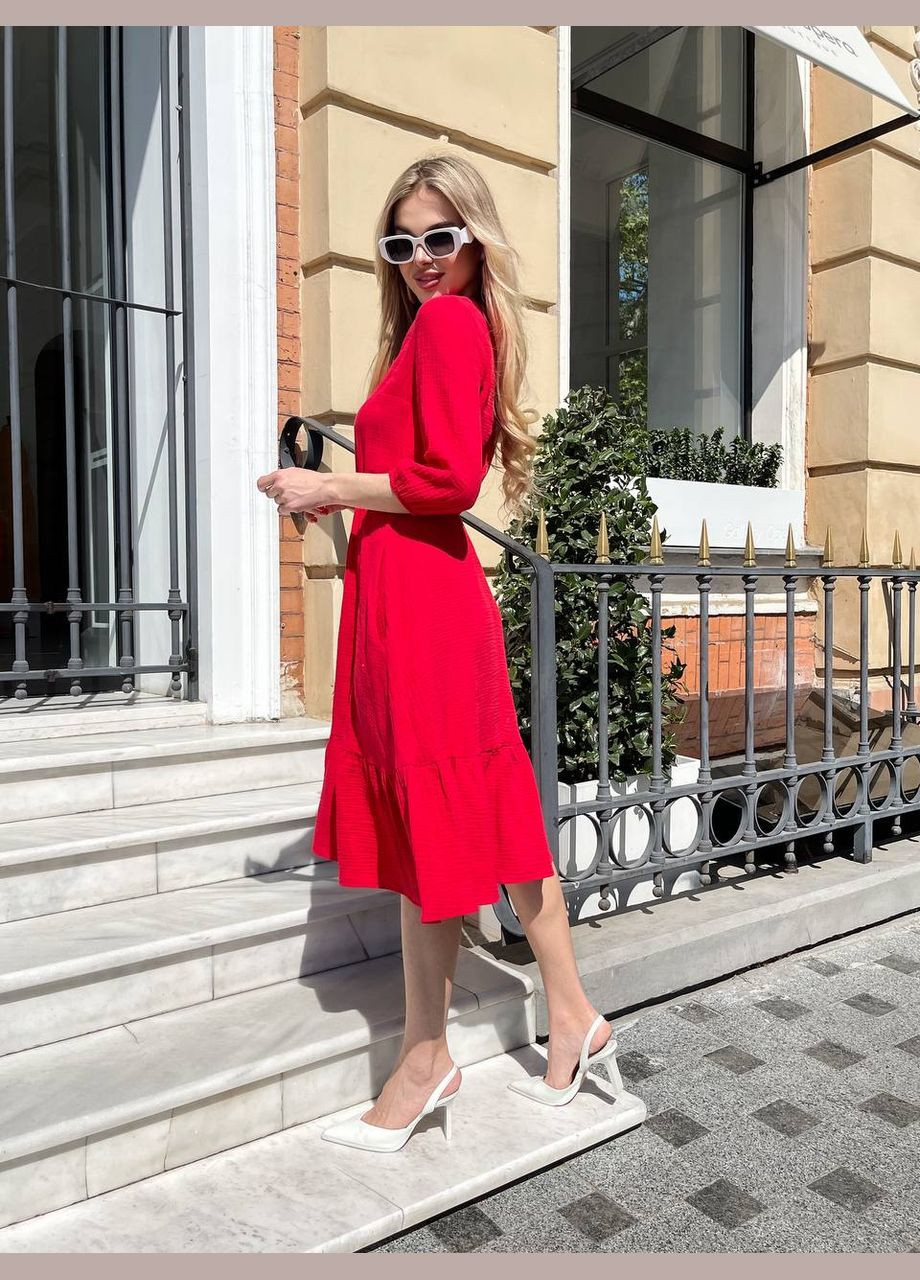 Красное повседневный женское летнее платье длины меди из муслина MonCher