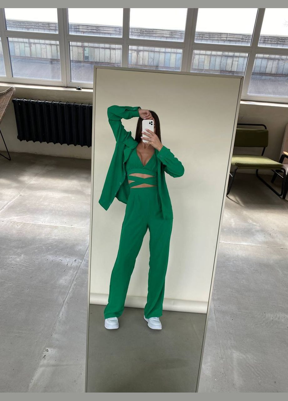 Женский зеленый костюм комплект 3-ка (рубашка, брюки, топ) стильный качественный трендовый летний No Brand костюм (291881985)