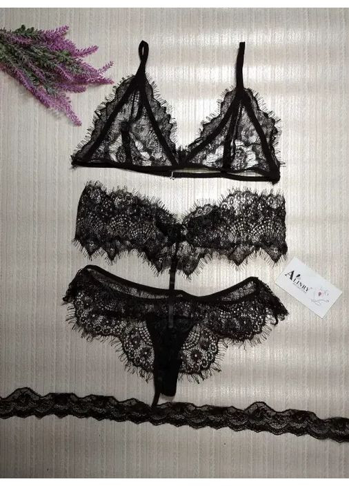 Черный демисезонный черный кружевной комплект нижнего белья с поясом с подвязками. черное женское нижнее белье из кружева China