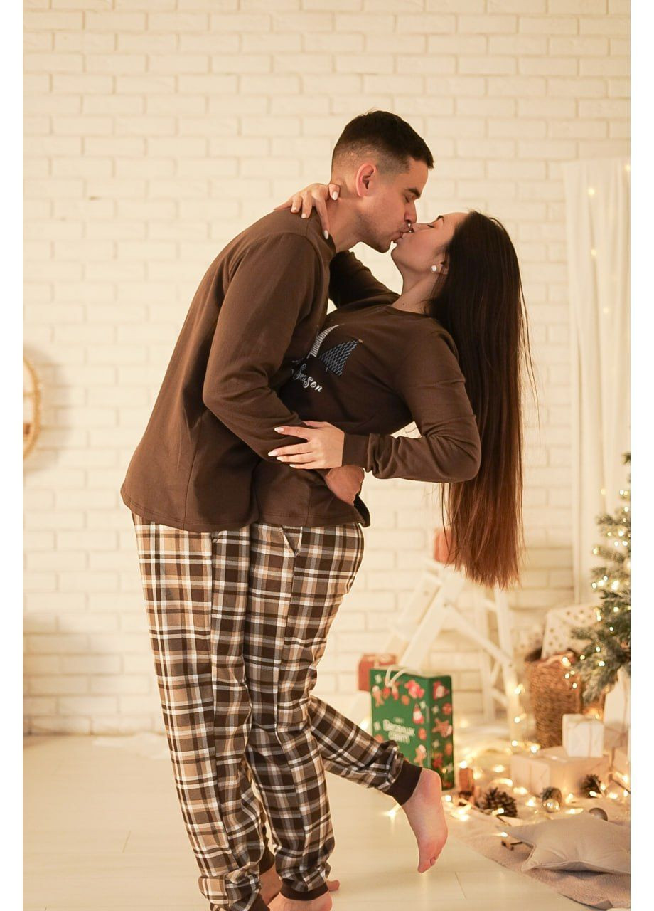 Коричневая зимняя парные комплекты святковий затишок мужская и женская пижама family look с начесом лонгслив + брюки Cosy
