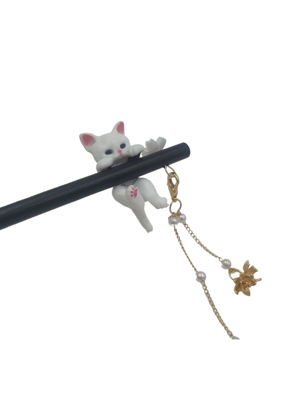 Дерев'яна шпилька-палочка китайська для волосся з підвіскою у формі котик у подарунковій коробочці No Brand (352474446)