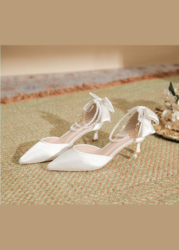 No Brand Весільні атласні жіночі туфлі з бантами та перлами 5 см - Білий колір білий з текстиль, — літо (322414598)