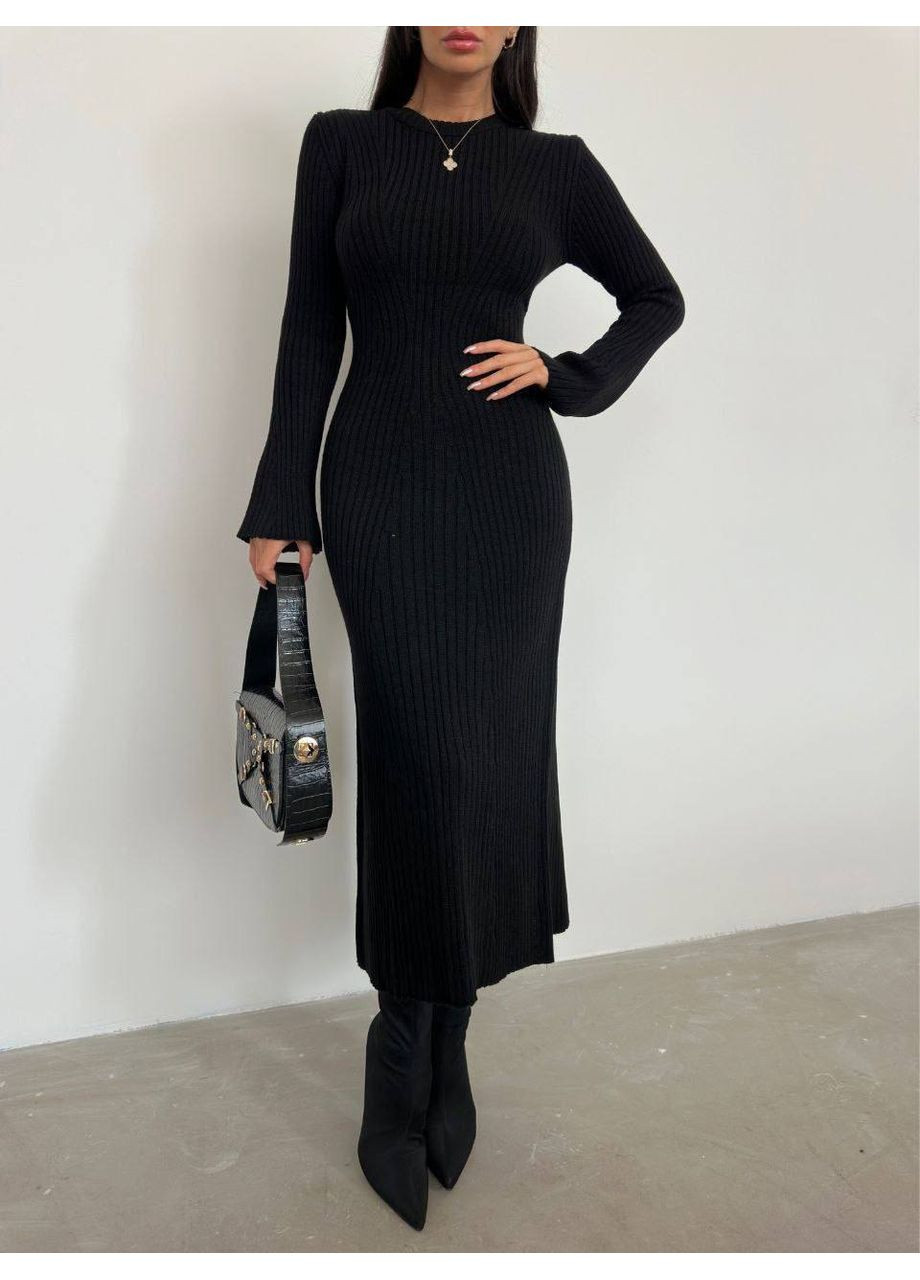 Черное праздничный стильное платье меди из машинной вязки ✨ замеры в описании силуэтная Vione однотонное