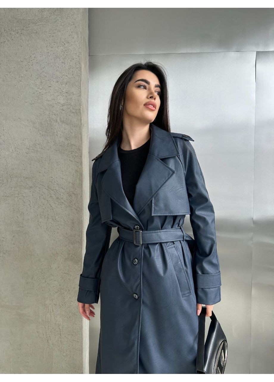 Стильний жіночий тренч із екошкіри з підкладкою — структурна тканина (заміри в описі) Vione на гудзиках демісезон (368708884)