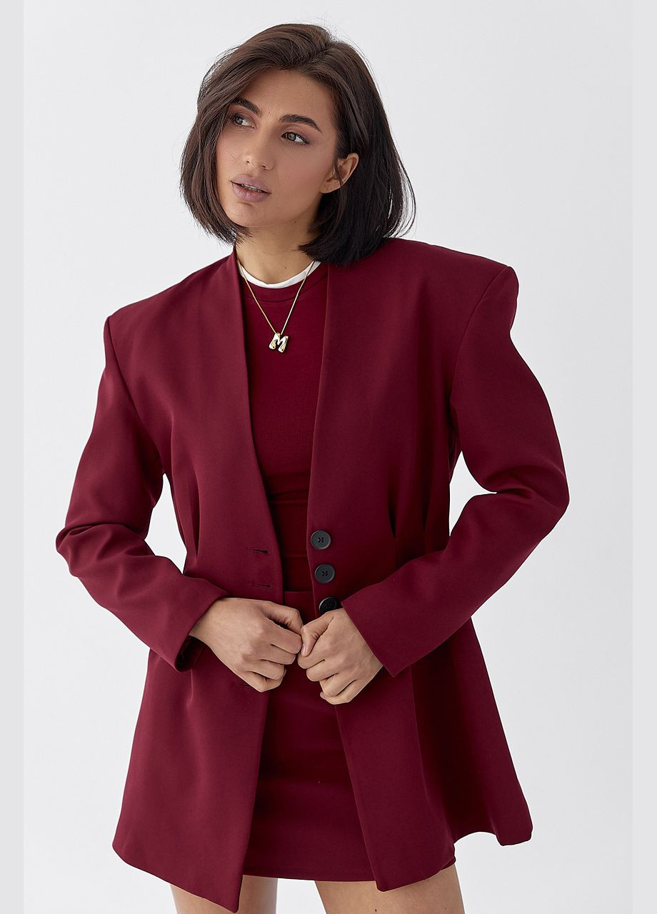 Бордовый женский приталенный удлиненный пиджак со складками Lurex - демисезонный