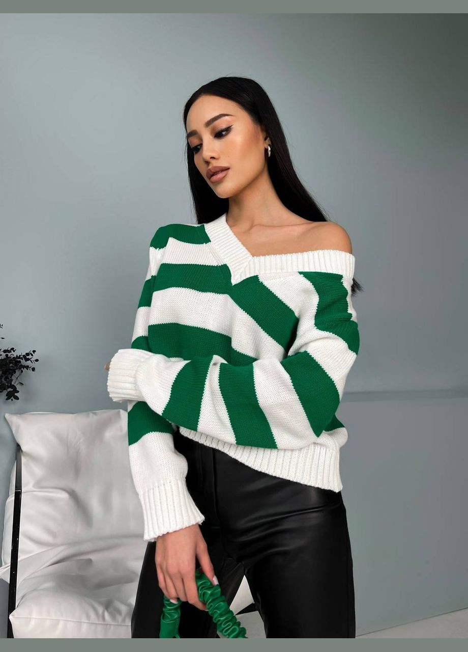 Женский свитер с V-образным вырезом цвет молочный-зеленый р.42/46 432195 New Trend (285711069)