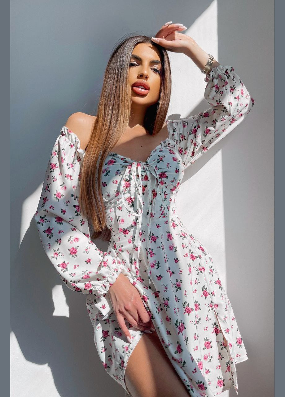 Белое повседневный, кэжуал женское белое платье No Brand с цветочным принтом