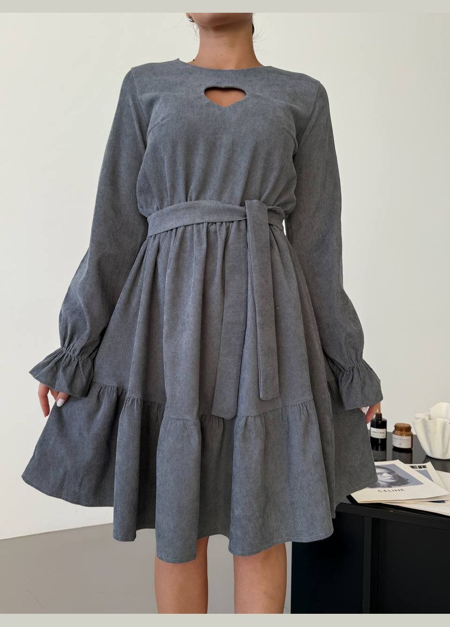 Серое кэжуал платье из вельвета No Brand однотонное