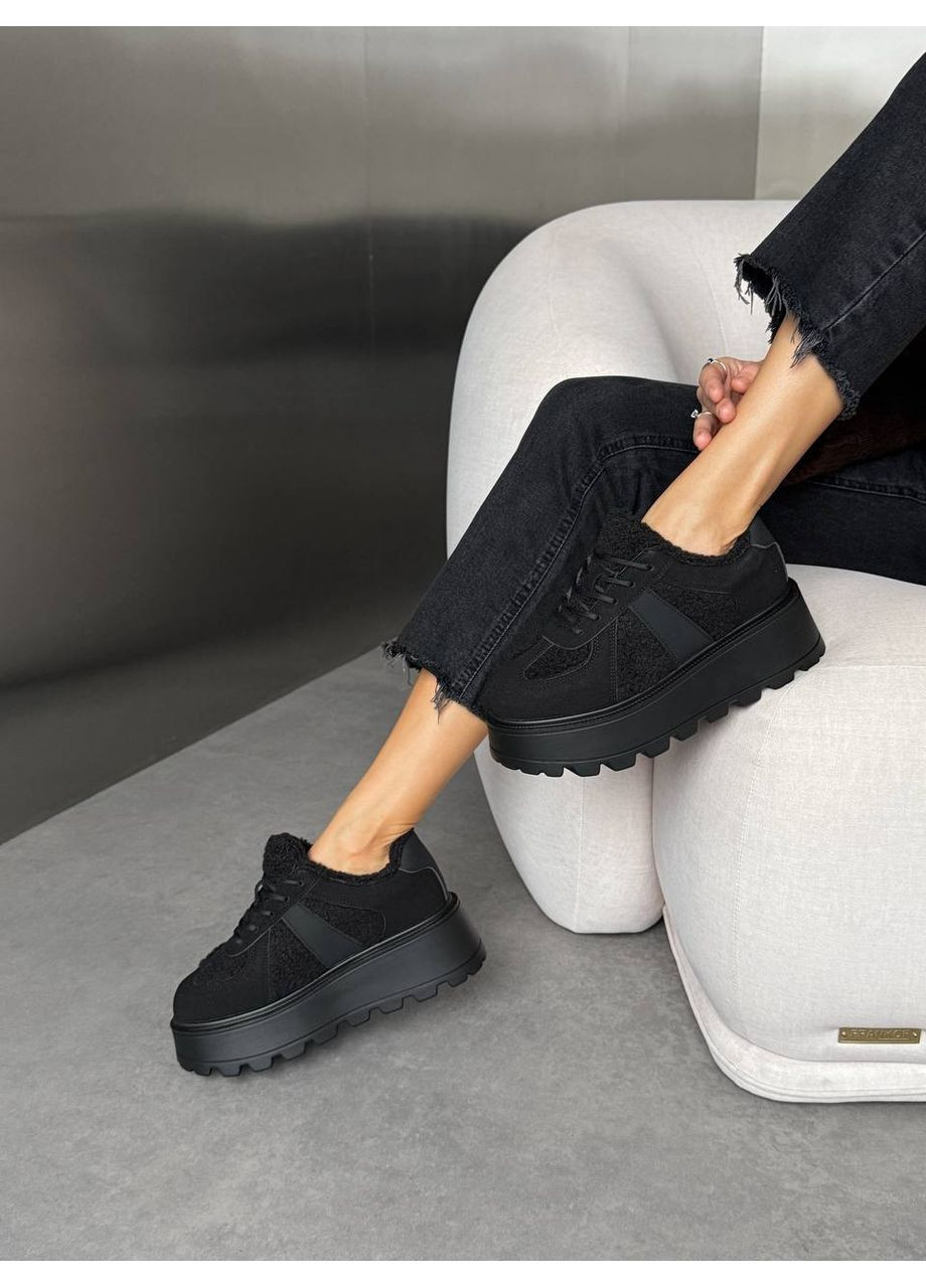 Жіночі кросівки чорні зимові на платформі натуральна замша хутро No Brand чорні (372513191)
