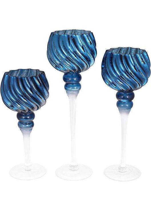 Набір 3 скляні свічники Catherine 30см, 35см, 40см, синій блюмарин BonaDi (297366688)