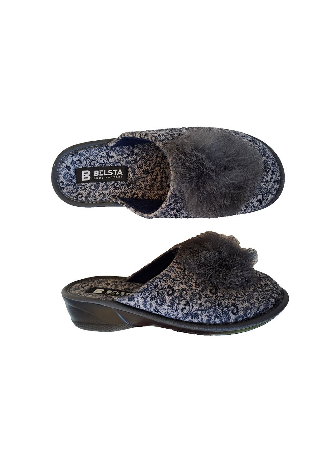 Серые тапочки женские с пушком закрытые Белста с помпонами