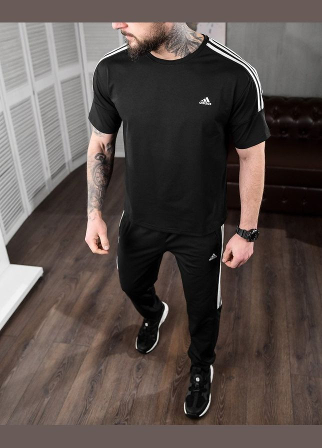Стильный мужской летний костюм Adidas штаны+футболка черный Freedom (328256315)