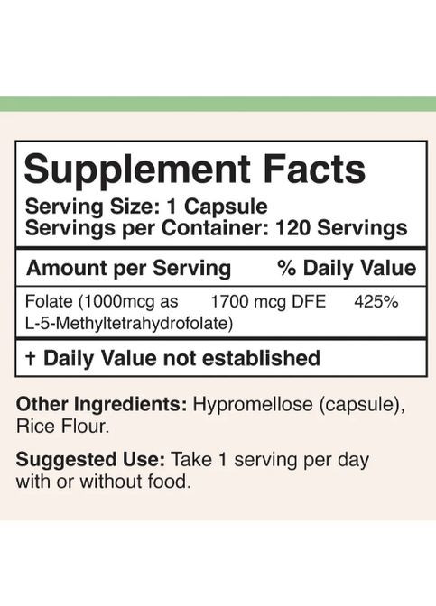 Double Wood Methylfolate 1000 mcg 5-MTHF (1700 DFE) 120 Caps Double Wood Supplements (284120294)