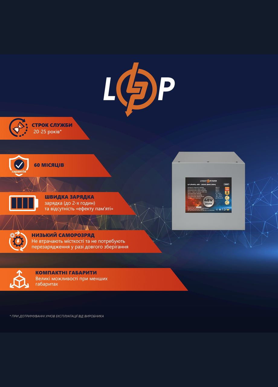 Акумулятор LP LiFePO4 48V (51,2V) 202 Ah (10342Wh) (BMS 200A) металл LogicPower (279555061)