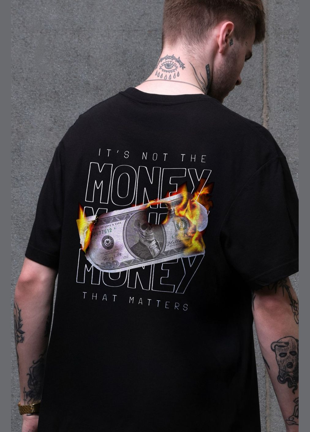 Чорна чоловіча оверсайз футболка з принтом fire з довгим рукавом Without