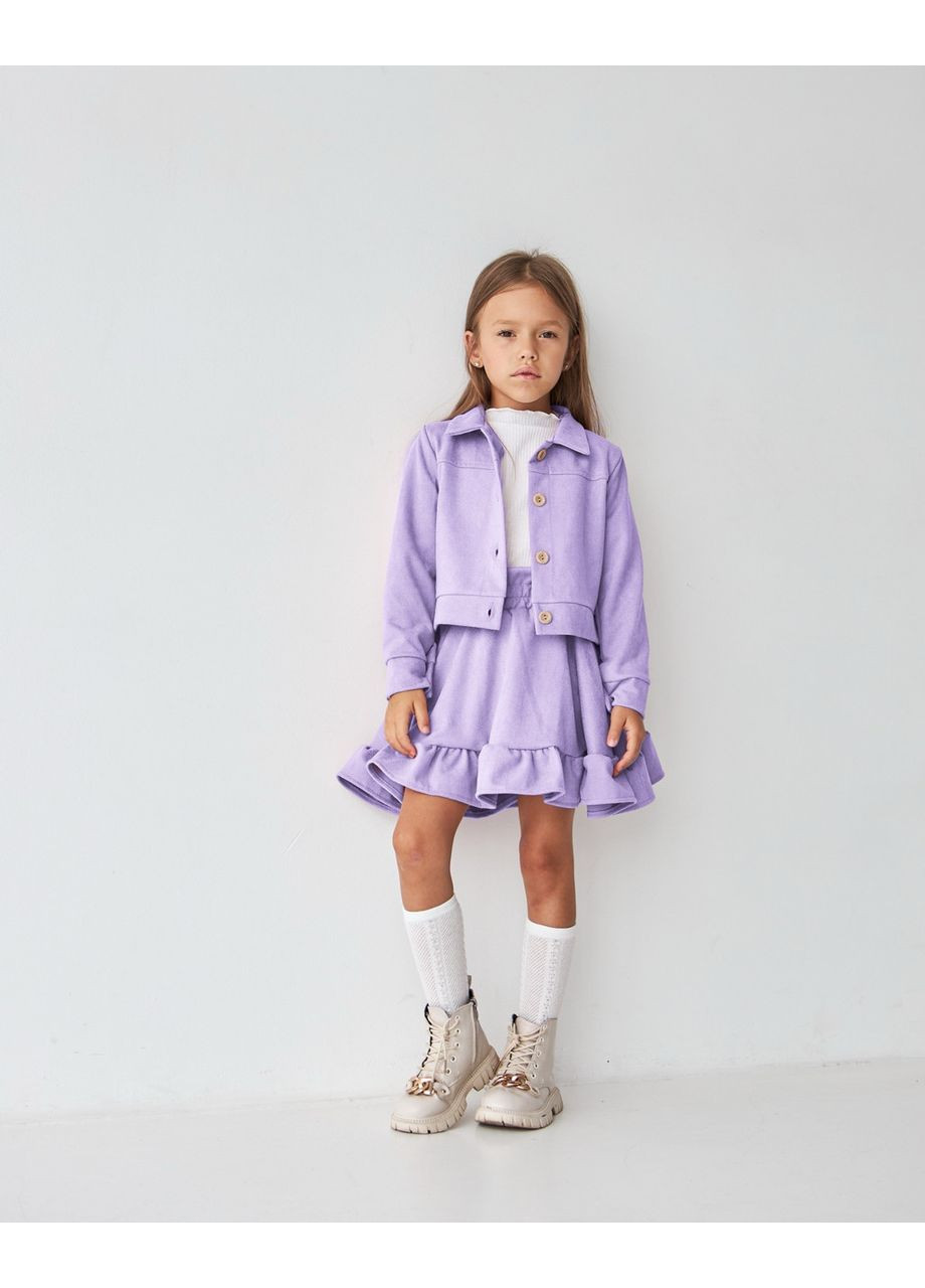 Бузковий демісезонний костюм вельветовий для дівчинки піджак зі спідницею (110 розмір) бузкового кольору Kodi