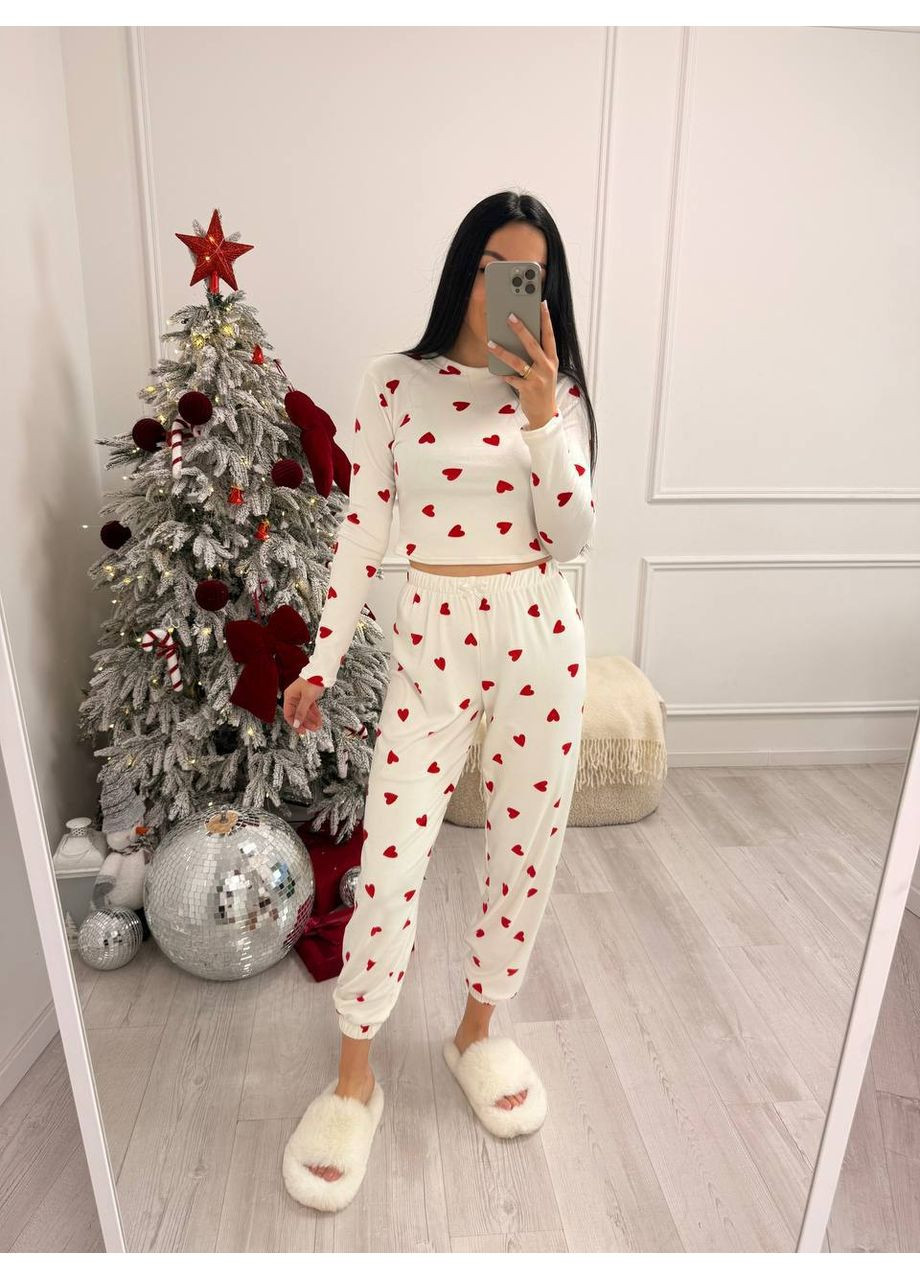 Молочна всесезон жіноча піжама з топом і джогерами з плюшевого велюру 🧸 заміри в описі світшот + брюки DK/DL Мода без кордонів