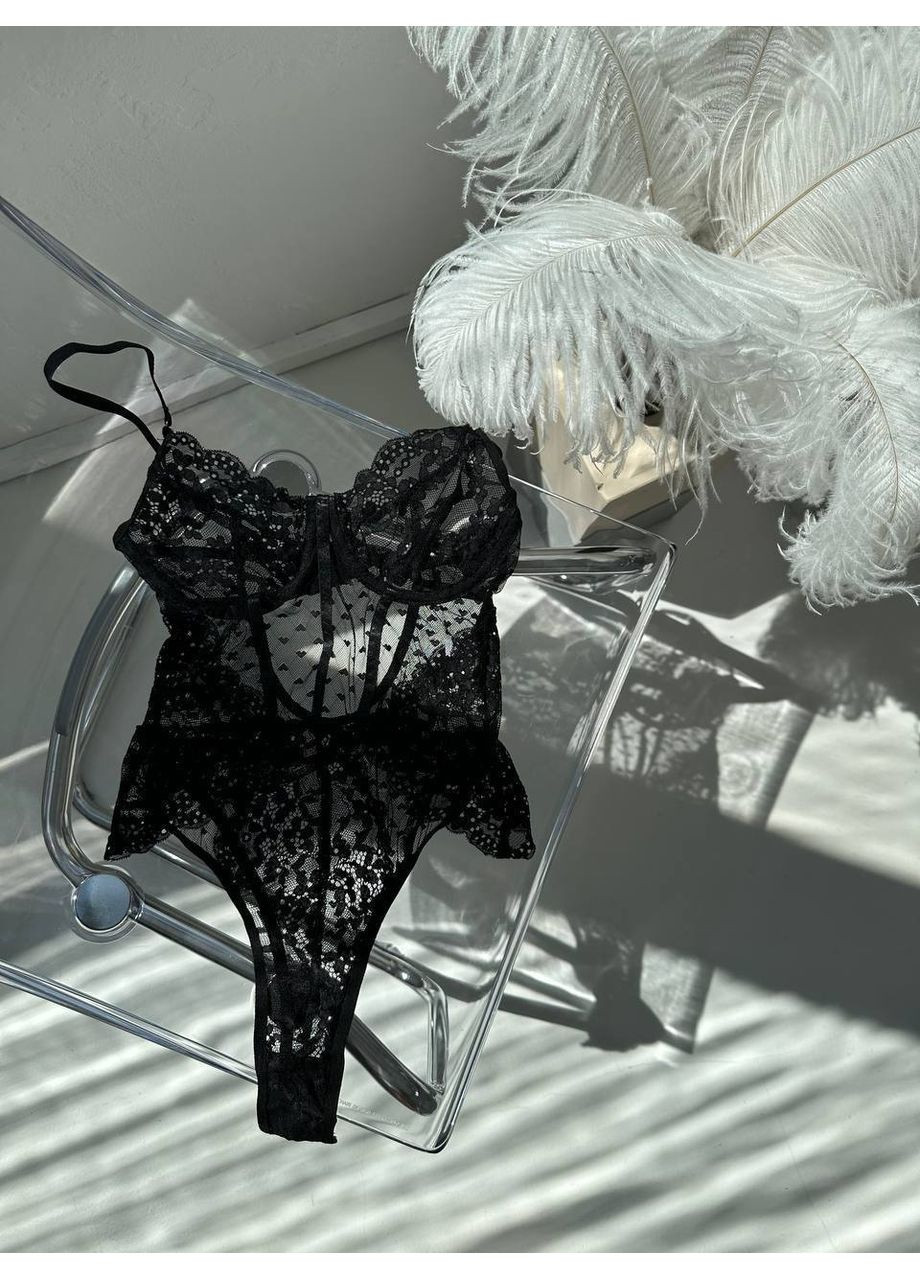 Боді чорне мереживне з силуетними швами та акцентом на талії Vital-Textile 920/56 (361853776)