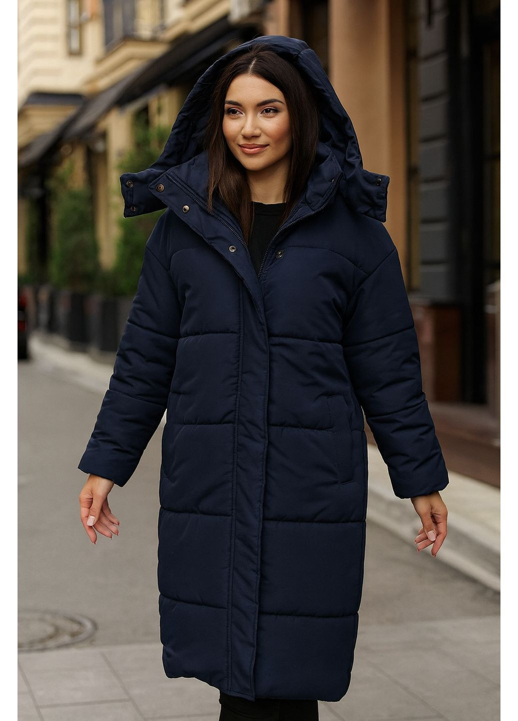 Темно-синяя зимняя длинная зимняя куртка на синтепоне со съёмным капюшоном Nositi 4264-15Х