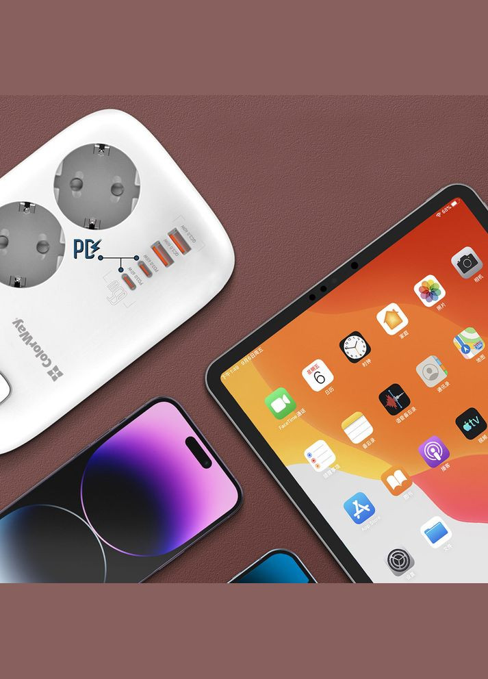 Мережевий фільтр-подовжувач СolorWay 3 розетки/4USB GaN3 Pro PD (2USB-A + 2 TYPE-C) (65W) 2M (CW-CHE34PDW) Colorway (339082873)