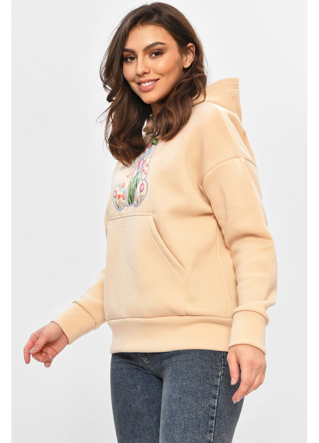 Бежевий худі жіноче на флісі бежевого кольору з принтом Let's Shop напис без декору (365776068)