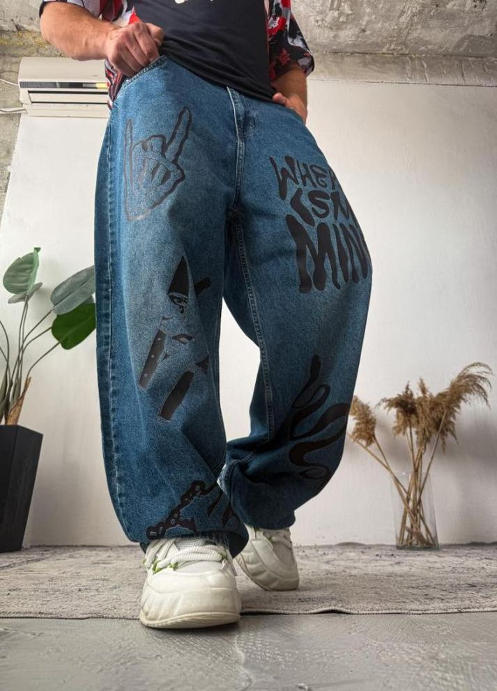 Синие демисезонные мужские широкие джинсы No Brand