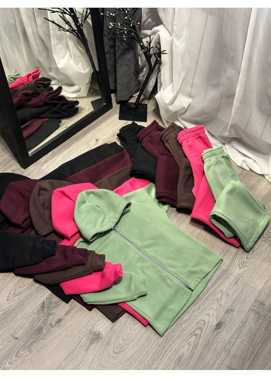 Чорний демісезонний костюм трендовий теплий штани палаццо та кофта на блискавці з капюшоном,трьохнитка на флісі Україна