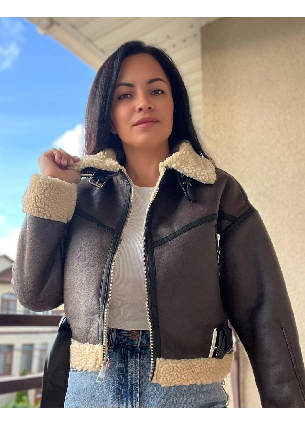 Дубленка женская 265 короткая ремень молния с мехом экокожа AFTF BASIC (304773600)