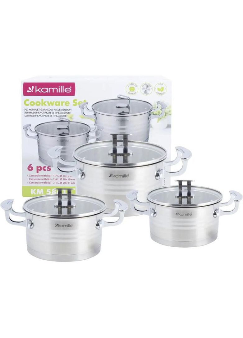Набір 3 каструлі Casserote 1.7л, 2.4л, 3.1л з нержавіючої сталі зі скляними кришками Kamille (339779100)