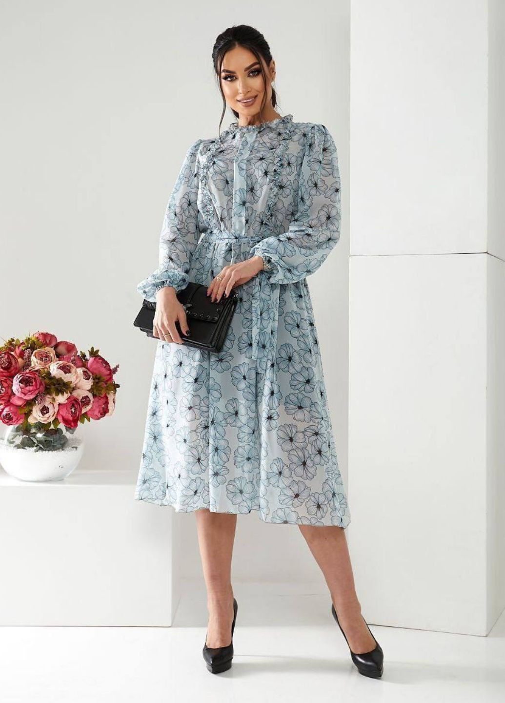 Голубое повседневный шифоновое платье на подкладке No Brand с цветочным принтом