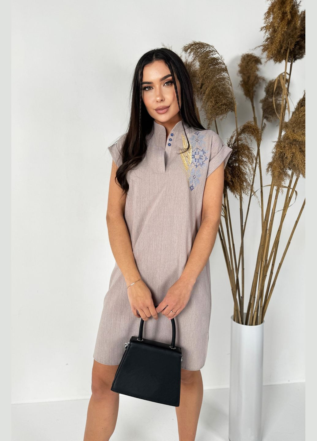 Бежевая красивое летнее женское платье в этническом стиле INNOE узор украинская символика прямой габардин (299937512)