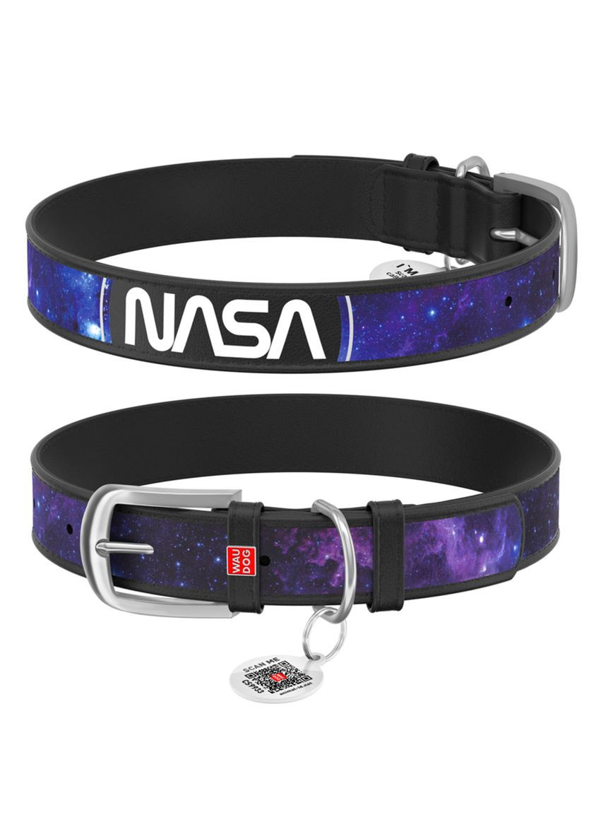 Нашийник для собак шкіряний Design з "NASA21" L Ш 25 мм Д 38-49 см Чорний WAUDOG (332878973)