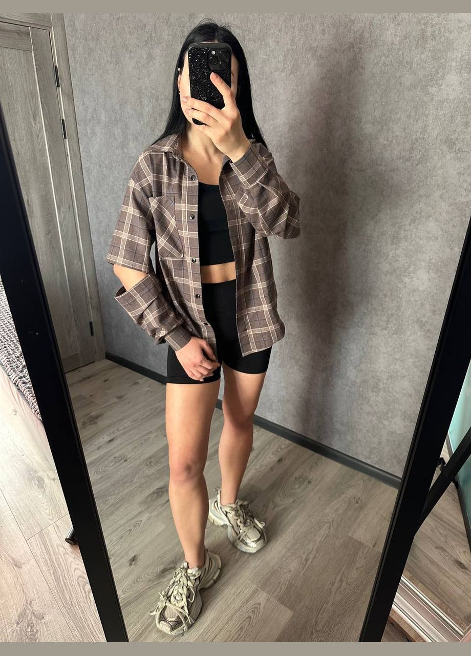 Коричневая классическая, повседневный, кэжуал, вечерний рубашка в клетку No Brand с длинным рукавом