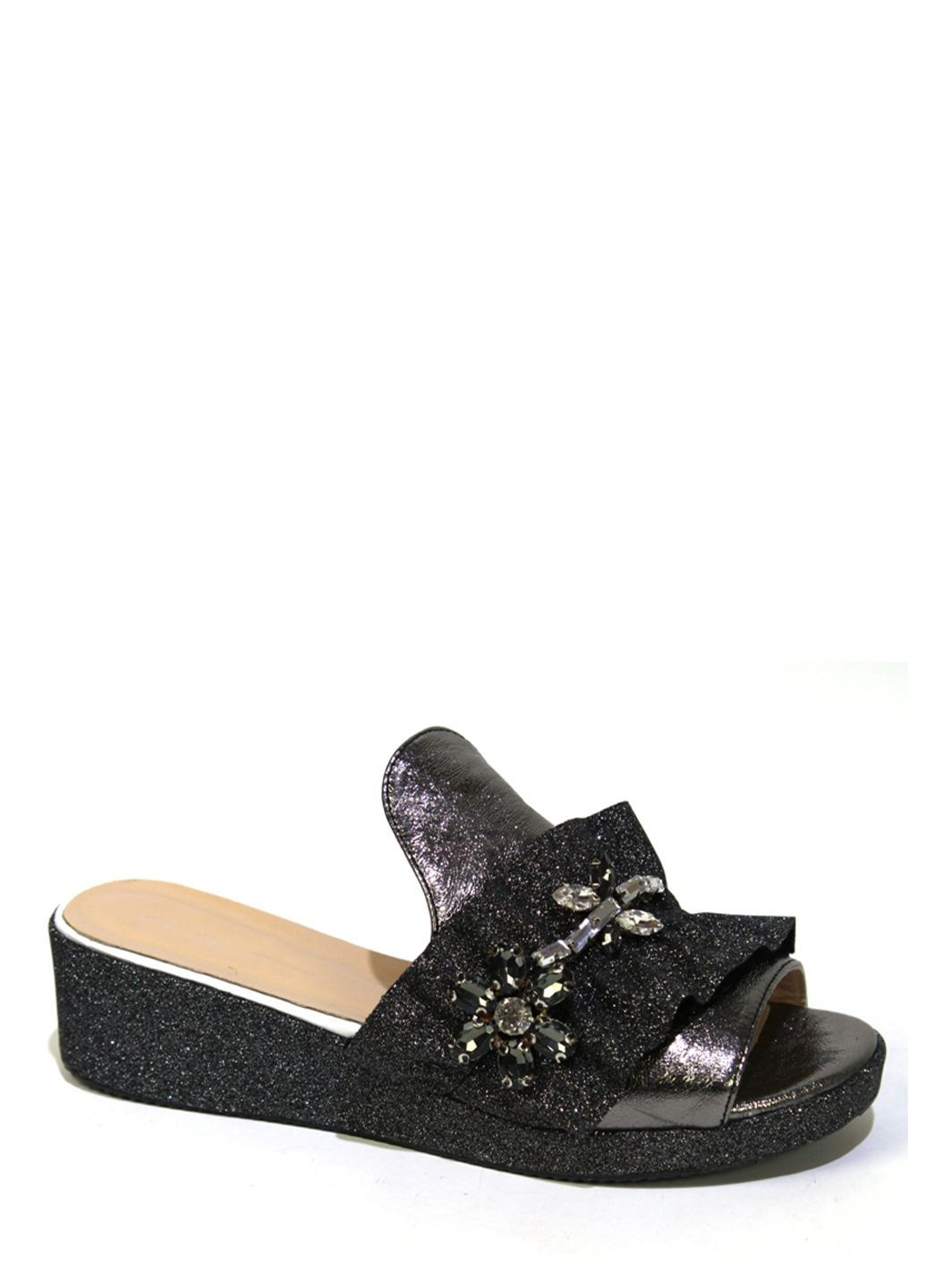 Графитовые сабо It-Girl на танкетке со стразами