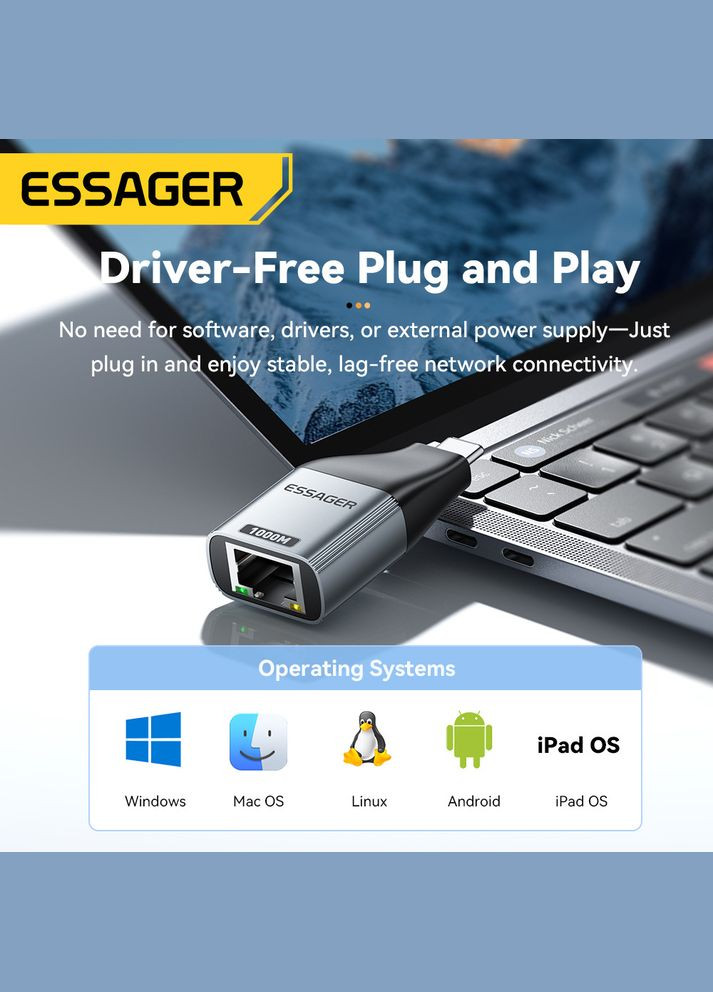 Зовнішня мережева карта / адаптер Llano USB-C 3.0 → Gigabit Ethernet (1000 Мбіт/с) - RJ45 Essager (322033692)