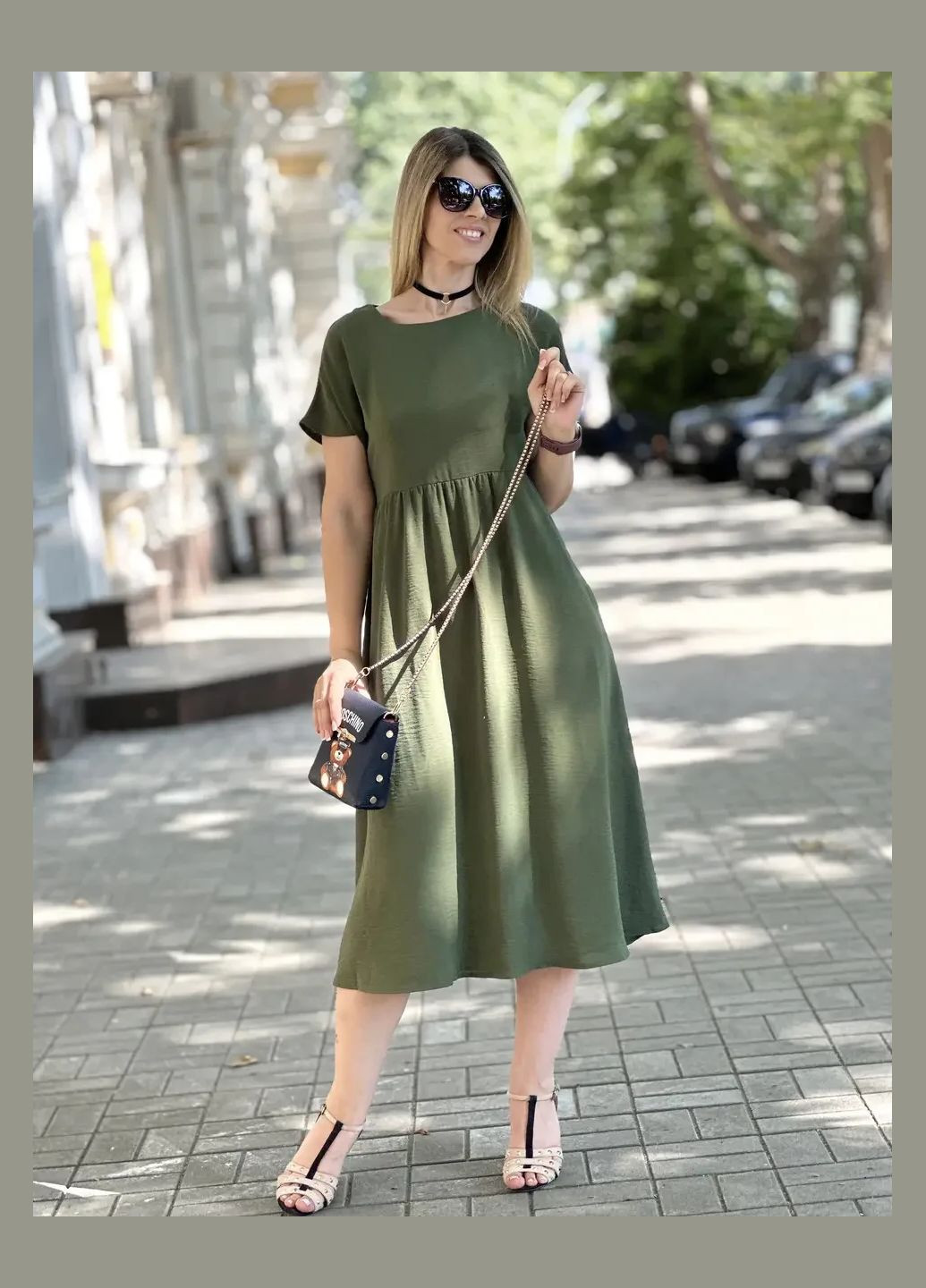 Оливкова (хакі) літня сукня міді із креп-жатки No Brand